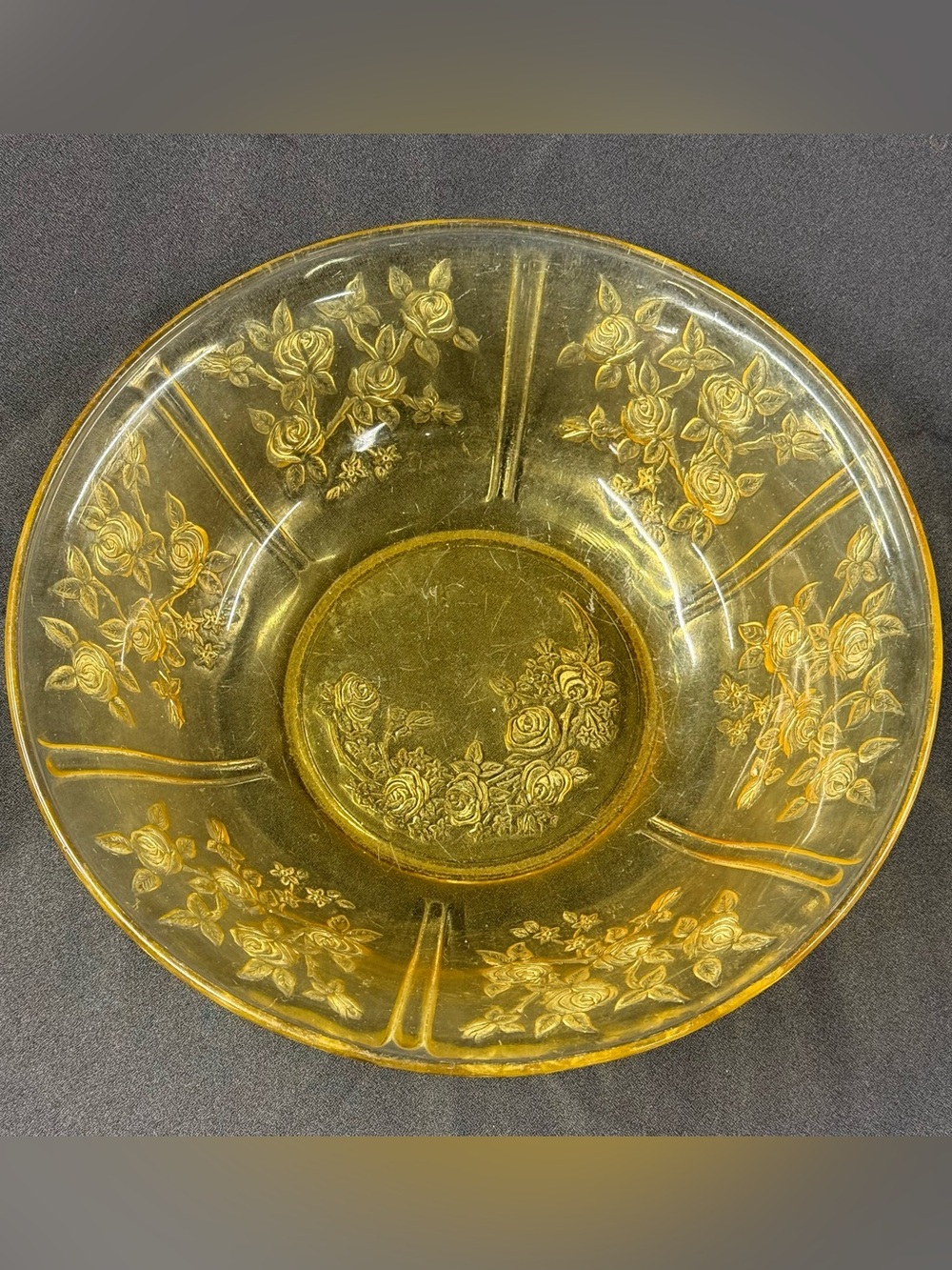 Vintage 1930s Federal Cabbage Rose 10” Serving Bowl Yellow Depression Glass
